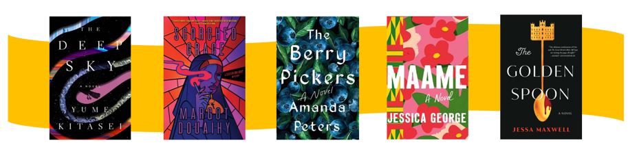 Banner with five book covers from the Debut Novels booklist 2024 Winter Reading Challenge
